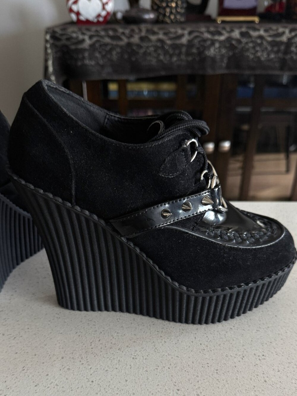 DEMONIA Creeper 302H Black Heart O-Ring & Spikes Vegan Suede | 9M| NWB - Picture 3 of 11